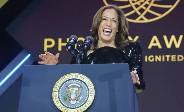 Democratic presidential nominee Vice President Kamala Harris speaking at the Congressional Black Caucus Foundation's Phoenix Awards Dinner in Washington, Saturday, Sept. 14, 2024. (AP Photo/Mark Schiefelbein)