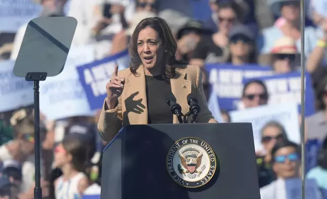 Democratic presidential nominee Vice President Kamala Harris speaks during a campaign stop at the Throwback Brewery, in North Hampton, N.H., Wednesday, Sept. 4, 2024. (AP Photo/Steven Senne)