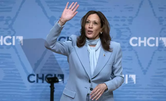 Democratic presidential nominee Vice President Kamala Harris waves to the crowd as she leaves at the Congressional Hispanic Caucus Institute (CHCI) Leadership Conference, at Ronald Reagan Building in Washington, Wednesday, Sept. 18, 2024. (AP Photo/Jose Luis Magana)