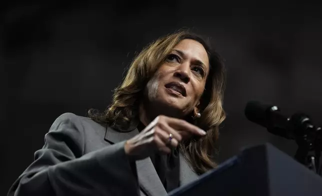 Democratic presidential nominee Vice President Kamala Harris speaks during a rally, Friday, Sept. 20, 2024, in Madison, Wis. (AP Photo/Charlie Neibergall)