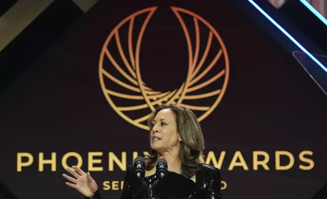 Democratic presidential nominee Vice President Kamala Harris speaks during the Congressional Black Caucus Foundation Phoenix Awards, Saturday, Sept. 14, 2024. (AP Photo/Jacquelyn Martin)