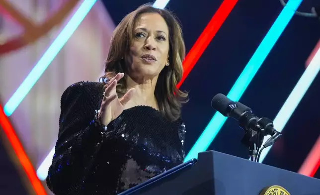 Democratic presidential nominee Vice President Kamala Harris speaking at the Congressional Black Caucus Foundation's Phoenix Awards Dinner in Washington, Saturday, Sept. 14, 2024. (AP Photo/Mark Schiefelbein)