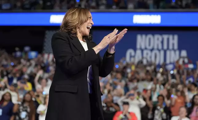 Democratic presidential nominee Vice President Kamala Harris departs after speaking at a campaign event, Thursday, Sept. 12, 2024, in Greensboro, N.C. (AP Photo/Chris Carlson)