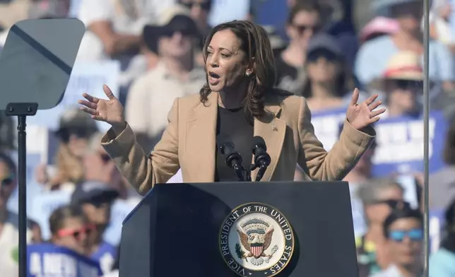 Democratic presidential nominee Vice President Kamala Harris speaks during a campaign stop at the Throwback Brewery, in North Hampton, N.H., Wednesday, Sept. 4, 2024. (AP Photo/Steven Senne)