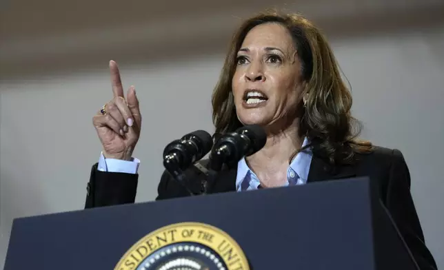 Democratic presidential nominee Vice President Kamala Harris campaigns with President Joe Biden at the IBEW Local Union #5 union hall in Pittsburgh on Labor Day, Monday, Sept. 2, 2024. (AP Photo/Susan Walsh)