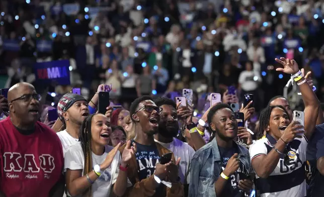 Supporters cheer as Democratic presidential nominee Vice President Kamala Harris speaks during a campaign event, Thursday, Sept. 12, 2024, in Greensboro, N.C. (AP Photo/Chris Carlson)