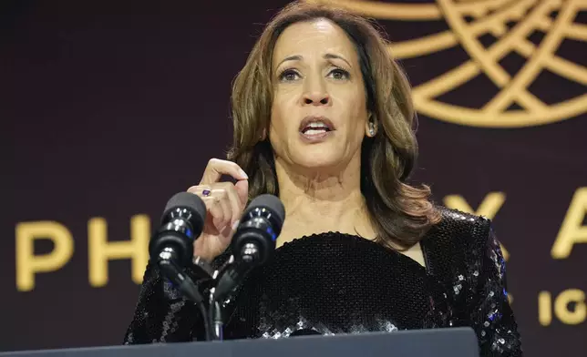 Democratic presidential nominee Vice President Kamala Harris speaks during the Congressional Black Caucus Foundation Phoenix Awards, Saturday, Sept. 14, 2024. (AP Photo/Jacquelyn Martin)