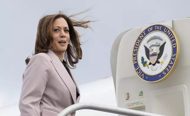 Democratic presidential nominee Vice President Kamala Harris boarding Air Force Two, Monday, Sept. 9, 2024, near Philadelphia International Airport, in Philadelphia, Tuesday, Sept. 17, 2024. (AP Photo/Jacquelyn Martin)