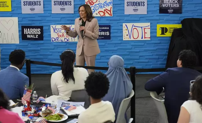 Democratic presidential nominee, Vice President Kamala Harris, speaking during an unscheduled stop to greet student volunteers at Community College of Philadelphia, Tuesday, Sept. 17, 2024, in Philadelphia. (AP Photo/Jacquelyn Martin)