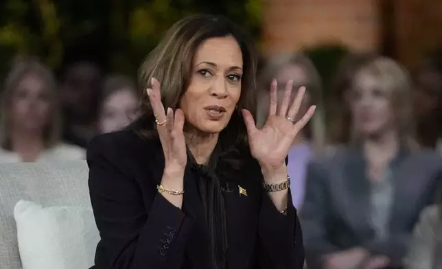 Democratic presidential nominee Vice President Kamala Harris speaks as she joins Oprah Winfrey at Oprah's Unite for America Live Streaming event Thursday, Sept. 19, 2024 in Farmington Hills, Mich. (AP Photo/Paul Sancya)