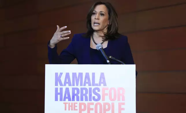 FILE - Sen. Kamala Harris, D-Calif., speaks to members of the media at her alma mater, Howard University, Jan. 21, 2019 in Washington, following her announcement earlier in the morning that she will run for president. (AP Photo/Manuel Balce Ceneta, File)