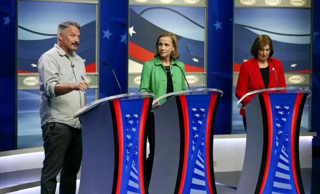 Democratic candidates For New Hampshire governor Restaurant owner Jon Kiper, left, Former Manchester Mayor Joyce Craig, center, and Executive Councilor Cinde Warmington debate, Wednesday, Sept. 4, 2024, in Manchester, N.H. (Derek Stokely/WMUR-TV via AP)