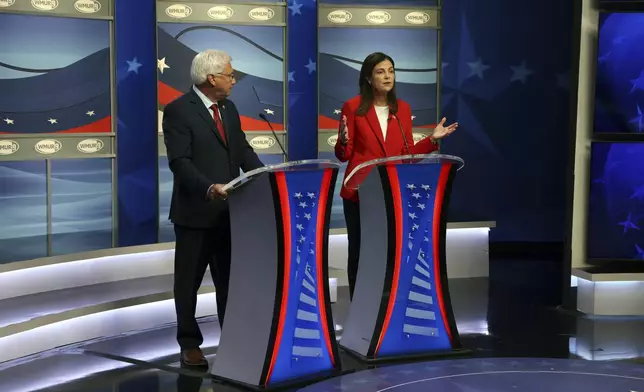 Former U.S. Sen. Kelly Ayotte, right, speaks during a Republican gubernatorial candidate debate with former state Senate president Chuck Morse on Tuesday, Sept. 3, 2024, in Manchester, N.H. (Derek Stokely/WMUR-TV via AP)