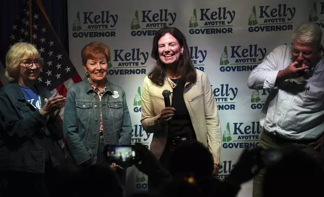 Republican gubernatorial candidate Kelly Ayotte celebrates at her victory party after winning GOP nomination for New Hampshire governor at Bonfire in Manchester, N.H., on Primary Day Tuesday, Sept. 10, 2024. (David Lane/Union Leader via AP)