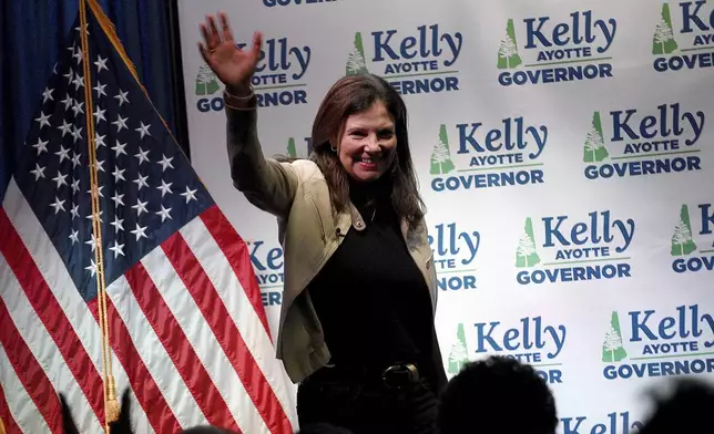 Republican gubernatorial candidate Kelly Ayotte celebrates at her victory party after winning the GOP nomination for New Hampshire governor at Bonfire in Manchester, N.H., on Primary Day Tuesday, Sept. 10, 2024. (David Lane/Union Leader via AP)