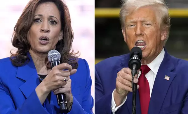 In this combination of photos taken in Pennsylvania, Democratic presidential nominee Vice President Kamala Harris speaks at a campaign event, Aug. 18, 2024, in Rochester, left, and Republican presidential nominee former President Donald Trump speaks during a campaign event, Aug. 19, 2024, in York. (AP Photo)