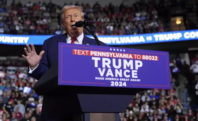 FILE - Republican presidential nominee former President Donald Trump speaks at a campaign rally, Aug. 17, 2024, in Wilkes-Barre, Pa. (AP Photo/Carolyn Kaster, File)