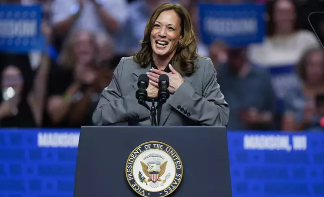 FILE - Democratic presidential nominee Vice President Kamala Harris speaks at a campaign event Sept. 20, 2024, in Madison, Wis. (AP Photo/Morry Gash)