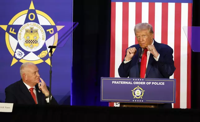 Republican presidential nominee former President Donald Trump speaks to the Fraternal Order of Police in Charlotte, N.C., Friday, Sept. 6, 2024. (AP Photo/Nell Redmond)