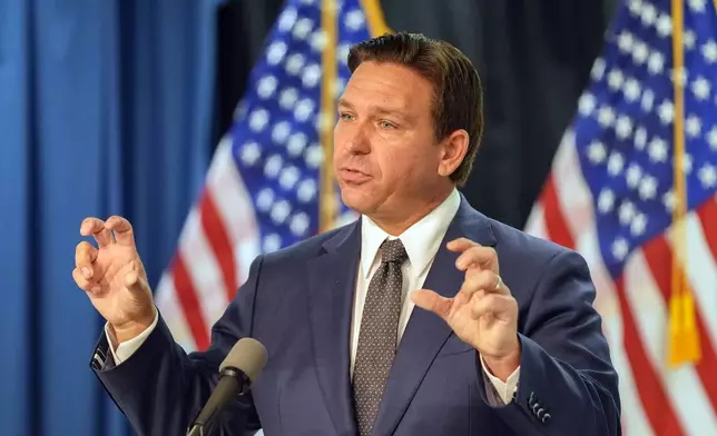 Florida Gov. Ron DeSantis delivers remarks and answers questions at a news conference Monday, Sept. 16, 2024, in Orlando, Fla. (AP Photo/John Raoux)