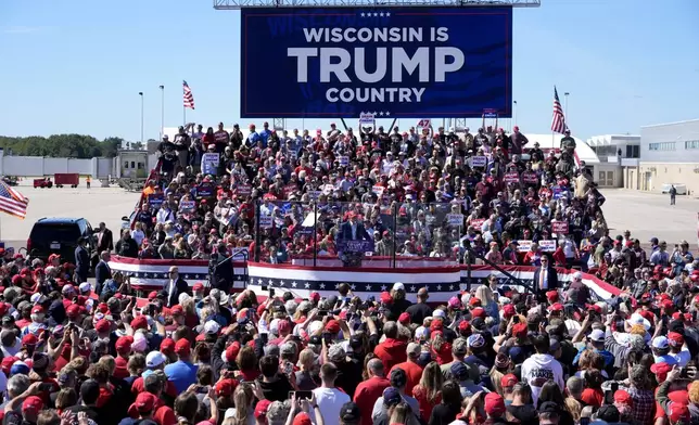 Republican presidential nominee former President Donald Trump speaks during a campaign event at Central Wisconsin Airport, Saturday, Sept. 7, 2024, in Mosinee, Wis. (AP Photo/Morry Gash)