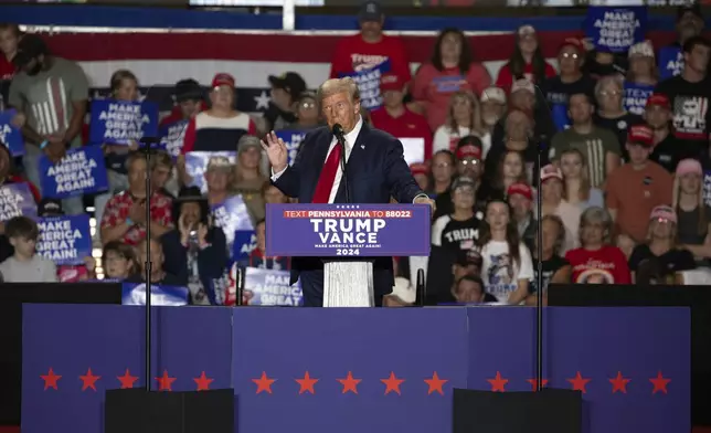 Republican presidential nominee former President Donald Trump speaks during a campaign rally at Bayfront Convention Center in Erie, Pa., Sunday, Sept. 29, 2024. (AP Photo/Rebecca Droke)