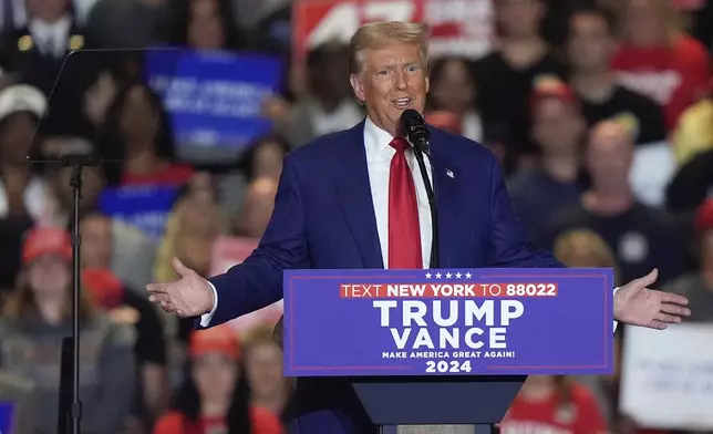 Republican presidential nominee former President Donald Trump, speaks during a campaign event, Wednesday, Sept. 18, 2024, in Uniondale, N.Y. (AP Photo/Frank Franklin II)