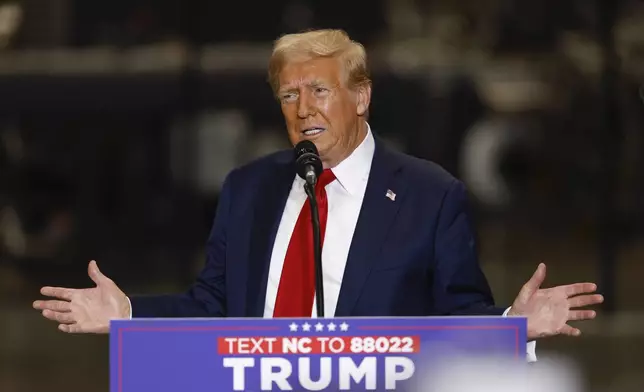 Republican presidential nominee former President Donald Trump speaks at a campaign event in Mint Hill, N.C., Wednesday, Sept. 25, 2024. (AP Photo/Nell Redmond)