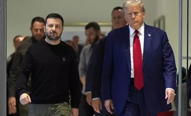 Republican presidential nominee former President Donald Trump meets with Ukraine's President Volodymyr Zelenskyy at Trump Tower, Friday, Sept. 27, 2024, in New York. (AP Photo/Julia Demaree Nikhinson)