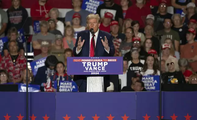 Republican presidential nominee former President Donald Trump speaks during a campaign rally at Bayfront Convention Center in Erie, Pa., Sunday, Sept. 29, 2024. (AP Photo/Rebecca Droke)