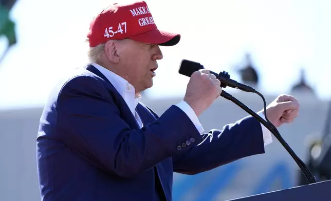 Republican presidential nominee former President Donald Trump speaks at a campaign rally at Wilmington International Airport, Saturday, Sept. 21, 2024, in Wilmington, N.C. (AP Photo/Alex Brandon)