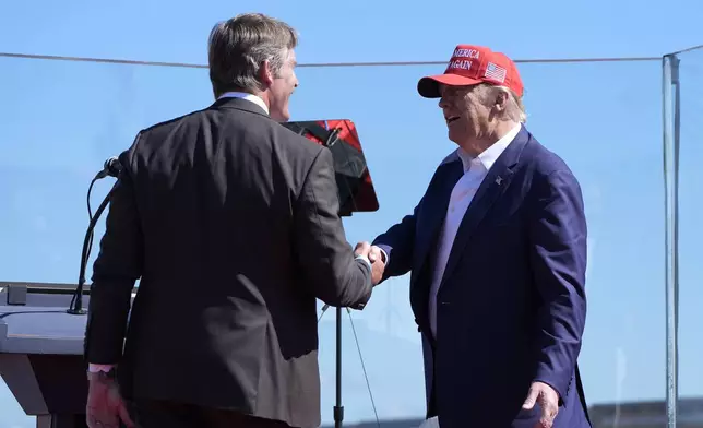 Republican presidential nominee former President Donald Trump, right, greets Republican Senate candidate Eric Hovde during a campaign event at Central Wisconsin Airport, Saturday, Sept. 7, 2024, in Mosinee, Wis. (AP Photo/Alex Brandon)