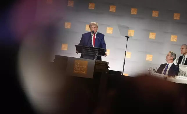 Republican presidential nominee former President Donald Trump speaks during a campaign event at the Economic Club of New York, Thursday, Sept. 5, 2024, in New York. (AP Photo/Pamela Smith)