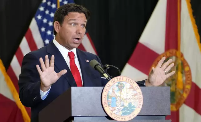 Florida Gov. Ron DeSantis speaks during a news conference in the aftermath of the apparent assassination attempt of Republican presidential nominee and former President Donald Trump Tuesday, Sept. 17, 2024, in West Palm Beach, Fla. (AP Photo/Lynne Sladky)