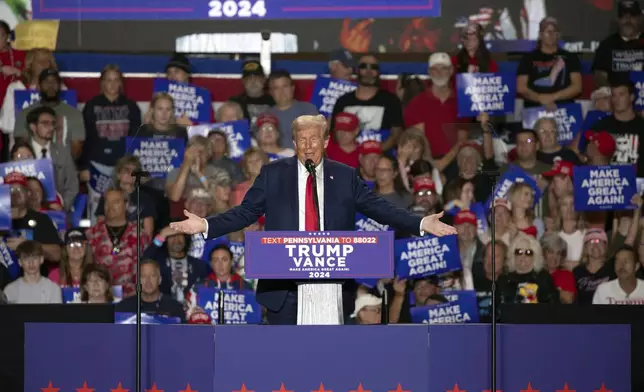 Republican presidential nominee former President Donald Trump speaks during a campaign rally at Bayfront Convention Center in Erie, Pa., Sunday, Sept. 29, 2024. (AP Photo/Rebecca Droke)