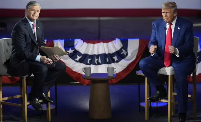 Republican presidential nominee former President Donald Trump participates in a town hall with FOX News host Sean Hannity at the New Holland Arena, Wednesday, Sept. 4, 2024, in Harrisburg, Pa. (AP Photo/Evan Vucci)