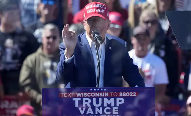 Republican presidential nominee former President Donald Trump speaks during a campaign event at Central Wisconsin Airport, Saturday, Sept. 7, 2024, in Mosinee, Wis. (AP Photo/Morry Gash)