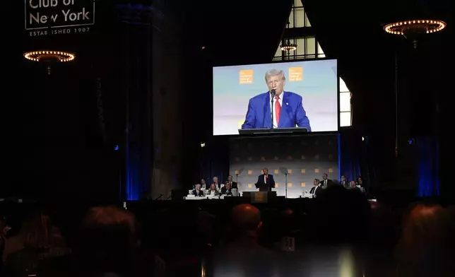 Republican presidential nominee former President Donald Trump speaks during a campaign event at the Economic Club of New York, Thursday, Sept. 5, 2024, in New York. (AP Photo/Pamela Smith)