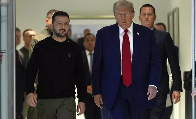 Republican presidential nominee former President Donald Trump meets with Ukraine's President Volodymyr Zelenskyy at Trump Tower, Friday, Sept. 27, 2024, in New York. (AP Photo/Julia Demaree Nikhinson)