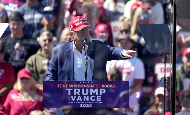 Republican presidential nominee former President Donald Trump speaks during a campaign event at Central Wisconsin Airport, Saturday, Sept. 7, 2024, in Mosinee, Wis. (AP Photo/Morry Gash)