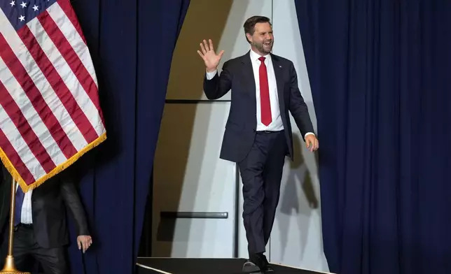 Republican vice presidential nominee Sen. JD Vance, R-Ohio, arrives to speak at a campaign event, Thursday, Sept. 5, 2024, in Phoenix. (AP Photo/Matt York)