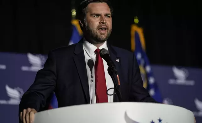 Republican vice presidential nominee Sen. JD Vance, R-Ohio, speaks during the Georgia Faith and Freedom Coalition's dinner at the Cobb Galleria Centre, Monday, Sept. 16, 2024, in Atlanta. (AP Photo/Mike Stewart)