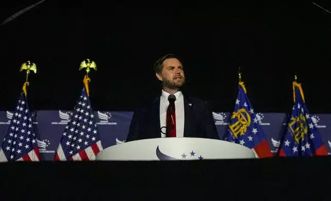 Republican vice presidential nominee Sen. JD Vance, R-Ohio, speaks during the Georgia Faith and Freedom Coalition's dinner at the Cobb Galleria Centre, Monday, Sept. 16, 2024, in Atlanta. (AP Photo/Mike Stewart)