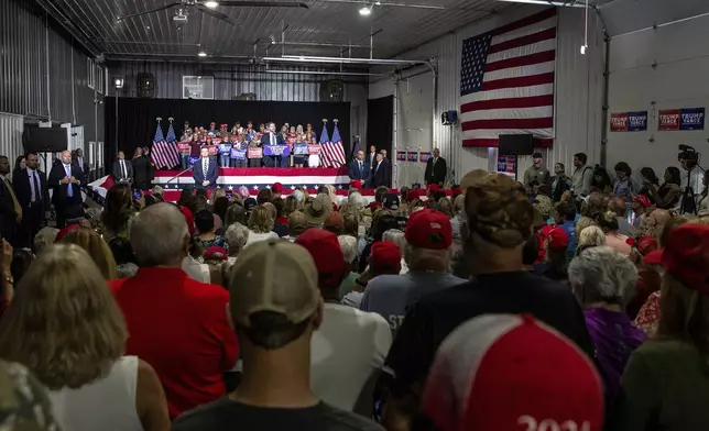 Republican vice presidential nominee JD Vance speaks during a campaign stop at Apple Valley Events in Sparta, Mich., Tuesday, Sept. 17, 2024. (Isaac Ritchey/The Grand Rapids Press via AP)