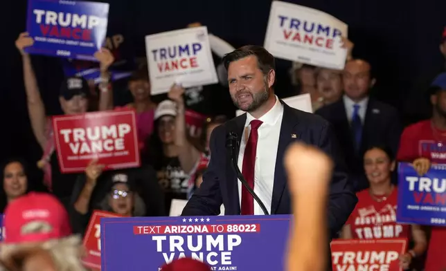 Republican vice presidential nominee Sen. JD Vance, R-Ohio, speaks at a campaign event, Thursday, Sept. 5, 2024, in Phoenix. (AP Photo/Matt York)