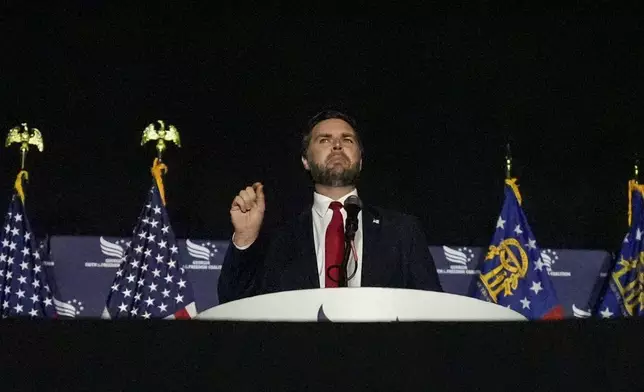 Republican vice presidential nominee Sen. JD Vance, R-Ohio, speaks during the Georgia Faith and Freedom Coalition's dinner at the Cobb Galleria Centre, Monday, Sept. 16, 2024, in Atlanta. (AP Photo/Mike Stewart)