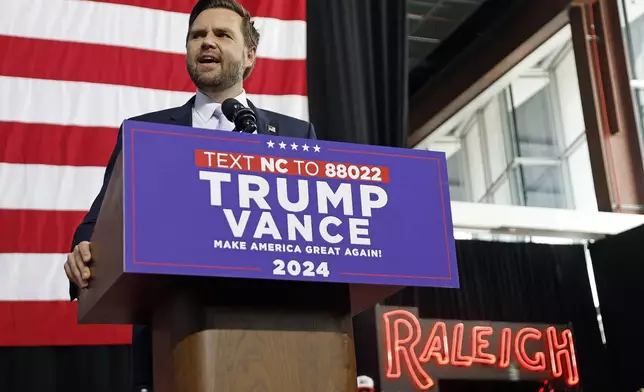 Republican vice presidential nominee Sen. JD Vance, R-Ohio, speaks at a campaign event in Raleigh, N.C., Wednesday, Sept. 18, 2024. (AP Photo/Karl B DeBlaker)