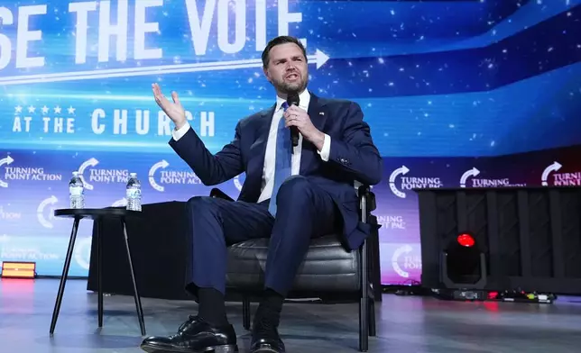 Republican vice presidential nominee Sen. JD Vance, R-Ohio, speaks at a campaign event Wednesday, Sept. 4, 2024, in Mesa, Ariz. (AP Photo/Ross D. Franklin)