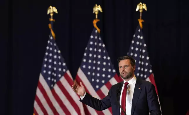 Republican vice presidential nominee Sen. JD Vance, R-Ohio, speaks at a campaign event, Thursday, Sept. 5, 2024 in Phoenix. (AP Photo/Matt York)