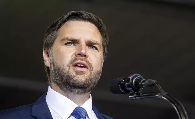 Republican vice presidential nominee JD Vance speaks during a campaign stop at Apple Valley Events in Sparta, Mich., Tuesday, Sept. 17, 2024. (Isaac Ritchey/The Grand Rapids Press via AP)